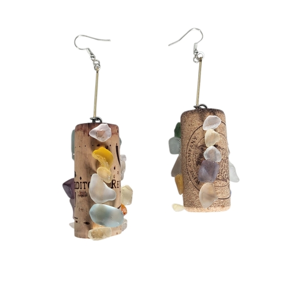 14k Goldplated Wine Cork & Sea Glass Bar Dangle Earrings - Picture 1 of 5
